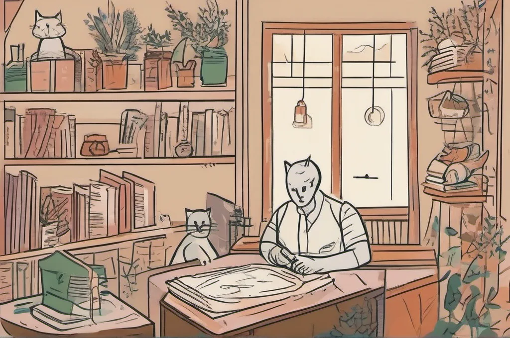 Original watercolor paintings on textured paper: a cat stars in each scene, interacting with workplace products such as parcel tape, shelving, cleaning caddies, desks, and retail fixtures, with visible pigment grain, soft edges, warm paper tones, and diffused daylight; no brand lettering, logos, or product screenshots.: How to Set Up a Simple Inventory Counting System for Small Retail Stores