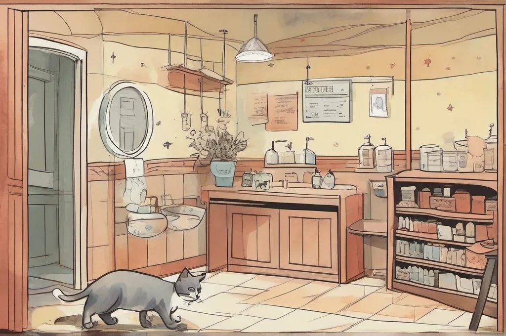 Original watercolor paintings on textured paper: a cat stars in each scene, interacting with workplace products such as parcel tape, shelving, cleaning caddies, desks, and retail fixtures, with visible pigment grain, soft edges, warm paper tones, and diffused daylight; no brand lettering, logos, or product screenshots.: How to Set Up a Restroom Cleaning Caddy for Daily Service