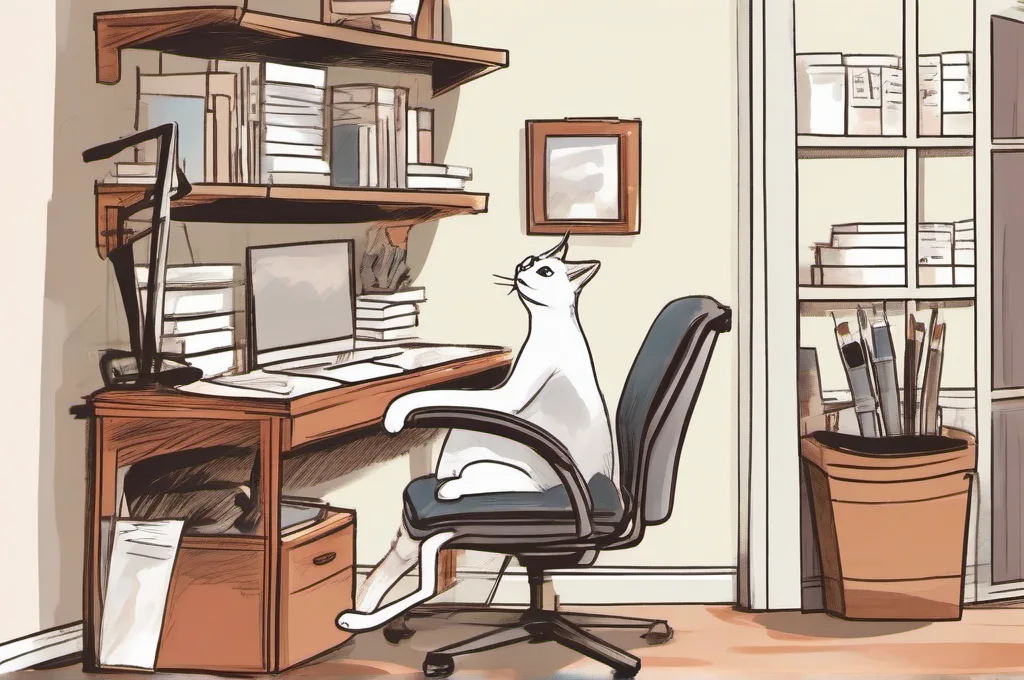 Branch Ergonomic Chair: A compact mesh office chair is being tucked under a narrow wooden desk by one cat, which pushes the chair inward with both front paws. The tidy, small office nook has open floor around it and a calm watercolor fieldguide feel..