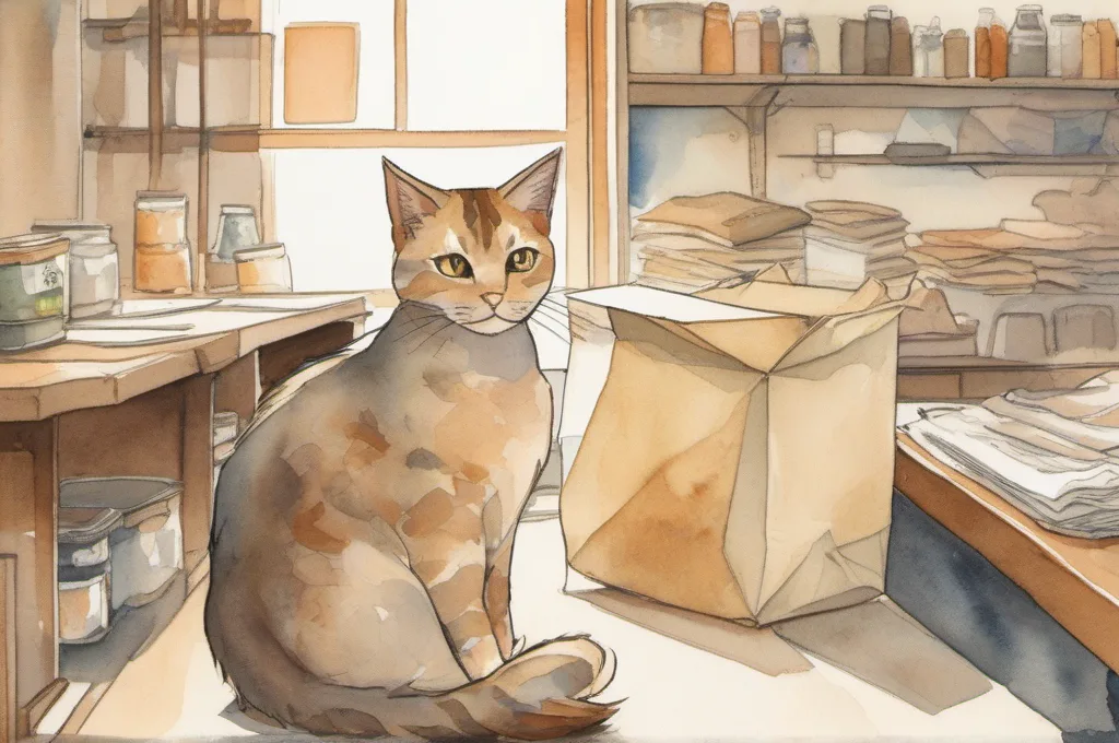 Zebra ZD421: An accordion-folded strip of blank labels rests beside a parcel on a workshop packing bench. One cat pulls a single panel forward with a paw, making the folded paper shape clear. Paint the scene as a gentle watercolor fieldguide on warm cream paper, with soft edges and no words, numbers, or marks..