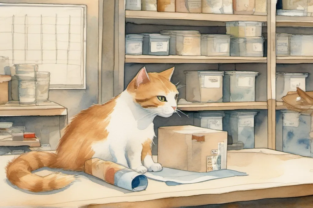 Brother QL-1110NWB: A wide blank shipping-label roll feeds from a compact desktop thermal printer as one cat tugs the broad label strip forward with a paw. A sealed parcel rests on the packing table nearby. Render the simple scene in a soft watercolor fieldguide style on warm cream paper, with gentle painted edges and no lettering..