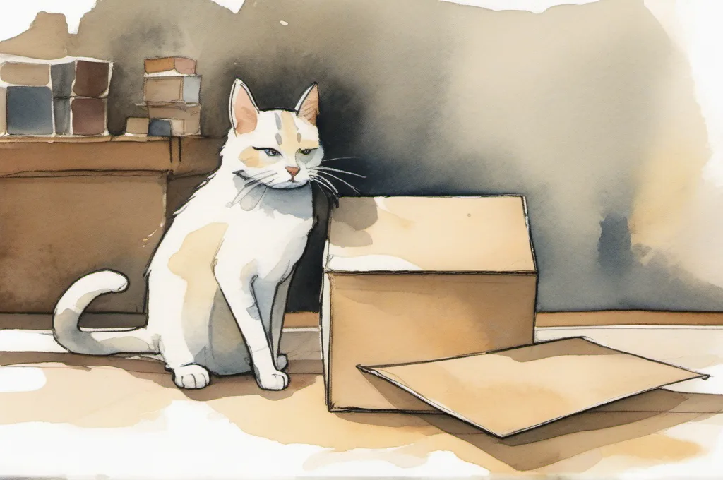 Rollo Wireless Label Printer (X1040): A sturdy cardboard parcel is the focus as one cat smooths a single blank shipping label onto its top with a paw. The scene is a sunlit small-business dispatch bench with a few neatly stacked parcels; use gentle watercolor washes and soft edges on warm cream paper, with no lettering or marks..