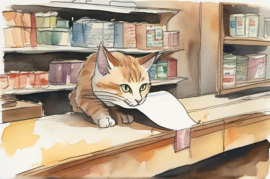 Epson OmniLink TM-T88VII: A blank receipt ribbon stretches from a paper roll at a checkout counter as one cat tears the strip at a simple unmarked edge. Keep the cat, ribbon, and roll prominent against a quiet shop setting. Watercolor fieldguide illustration with soft painted edges and no lettering..