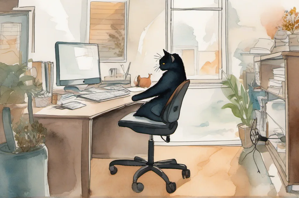 HON Ignition 2.0 All-Mesh Task Chair: An all-mesh task chair fills the foreground as one cat gently presses a paw into its mesh back. The chair sits in a modest office corner beside a plain wooden stool, rendered with soft watercolor washes and hand-painted edges..