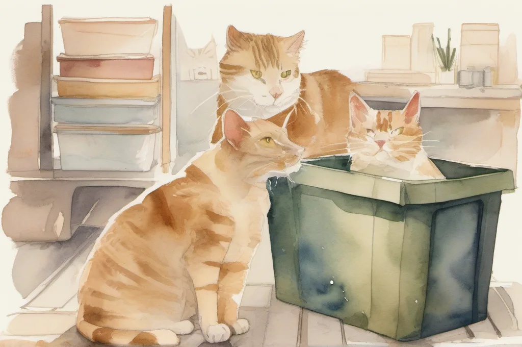 Project Source Medium 27-Gallon Clear Heavy Duty Tote with Standard Snap Lid: A broad clear lidded tote is stacked squarely on another matching tote as one cat nudges the upper bin into alignment with its paws. Folded, bulky fabric stock is visible through the sides, and the sturdy stack rests on a backroom floor. Watercolor fieldguide illustration on warm cream paper, soft pigment washes and gentle painted edges..