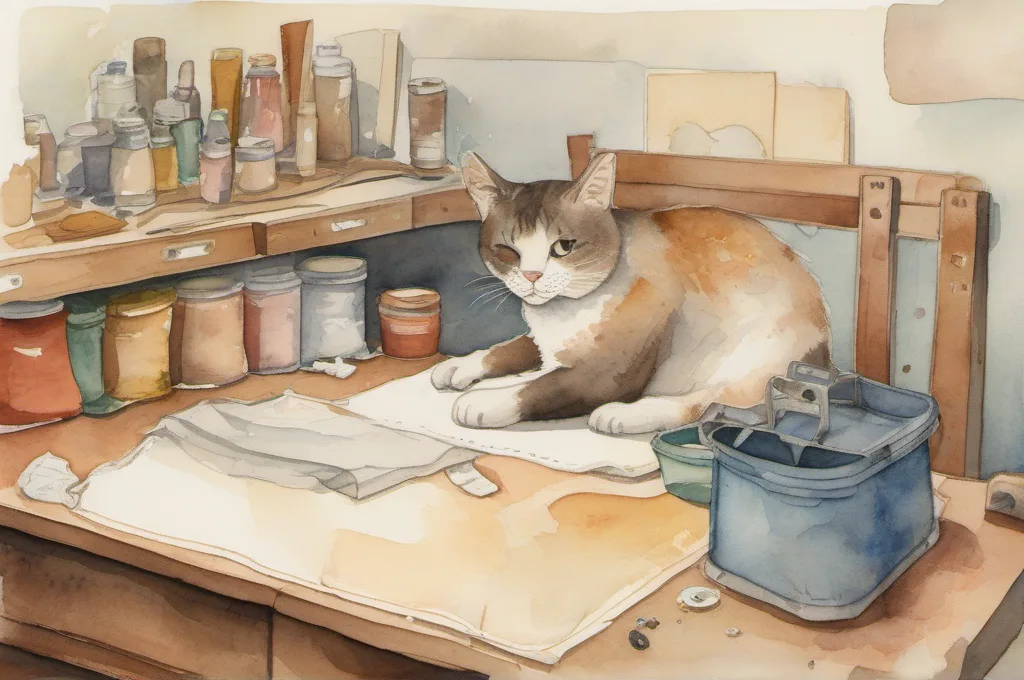 Sterilite 18 Gal. Latch and Carry: A clear-base lidded tote sits on a backroom workbench as one cat presses a side latch shut with its paw. Neatly folded shop cloths show through the base, and a few unlettered stock bundles rest nearby. Watercolor fieldguide illustration on warm cream paper, soft pigment washes and gentle painted edges..