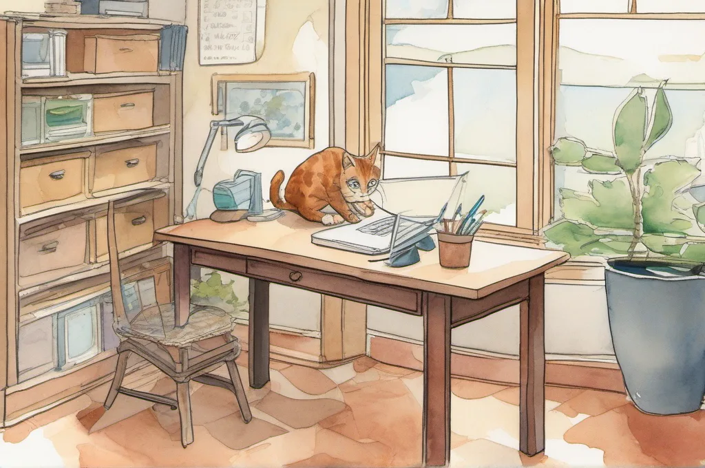 IKEA FLINTAN office chair with armrests: A mesh-backed office chair stands in a compact home-office nook as one cat presses the seat-height lever beneath it with a paw. A simple wooden desk and a folded washable seat cover sit nearby, painted in soft watercolor washes with gentle edges..