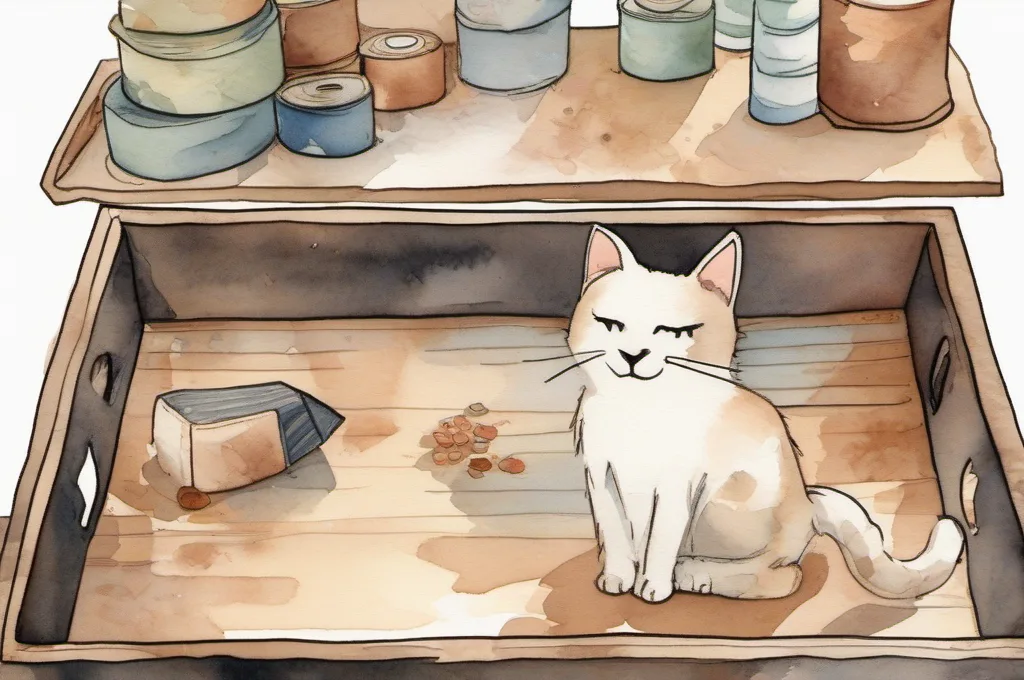 MUNBYN RealWriter RW403B: Several blank label rolls in distinct widths sit in a shallow wooden tray while one cat nudges the narrowest roll into place with its nose. Set the scene at a tidy home packing table beside a small parcel, in a warm-cream-paper watercolor fieldguide style with soft pigment washes and no lettering..